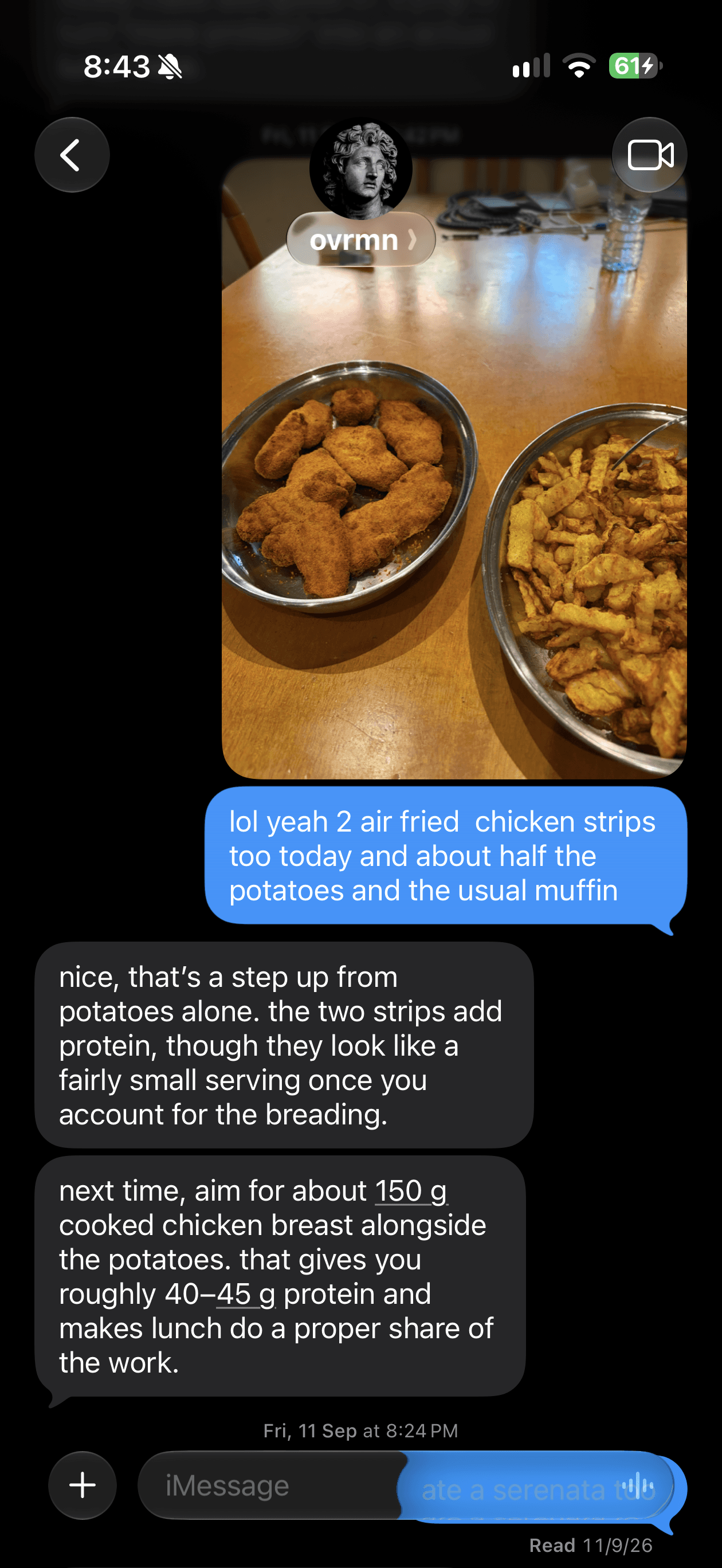 Real iMessage conversation: a meal photo of chicken strips and potatoes, followed by OVRMN suggesting a larger protein serving to support muscle growth.